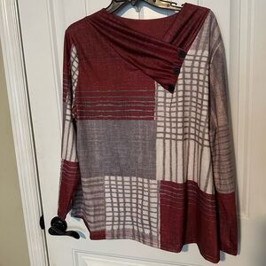 Women's Long Sleeve Top - Burgundy and Cream Plaid